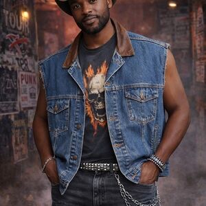 Marlboro Country Store Denim Vest XL Leather Collar Flannel Lined USA Vintage